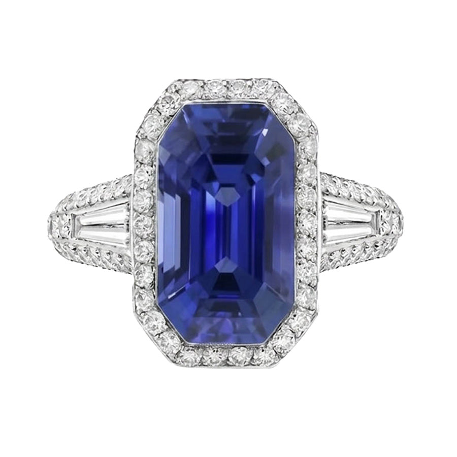 Halo Emerald Sapphire Ring With Round & Baguette Natural Earth Mined Diamonds 4 Carats