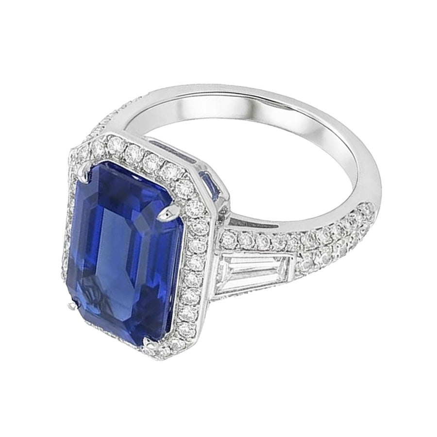 Halo Emerald Sapphire Ring With Round & Baguette Natural Earth Mined Diamonds 4 Carats