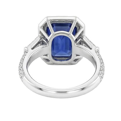 Halo Emerald Sapphire Ring With Round & Baguette Natural Earth Mined Diamonds 4 Carats
