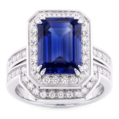 Halo Emerald Sapphire Wedding Ring Set White Gold Natural Earth Mined Diamonds 4.50 Carats