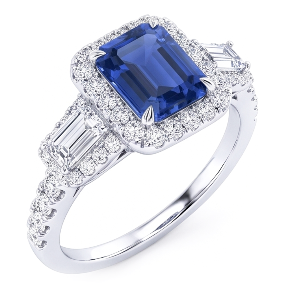 Halo Emerald Wedding Ring Blue Sapphire Baguette Natural Earth Mined Diamonds 3.50 Carats