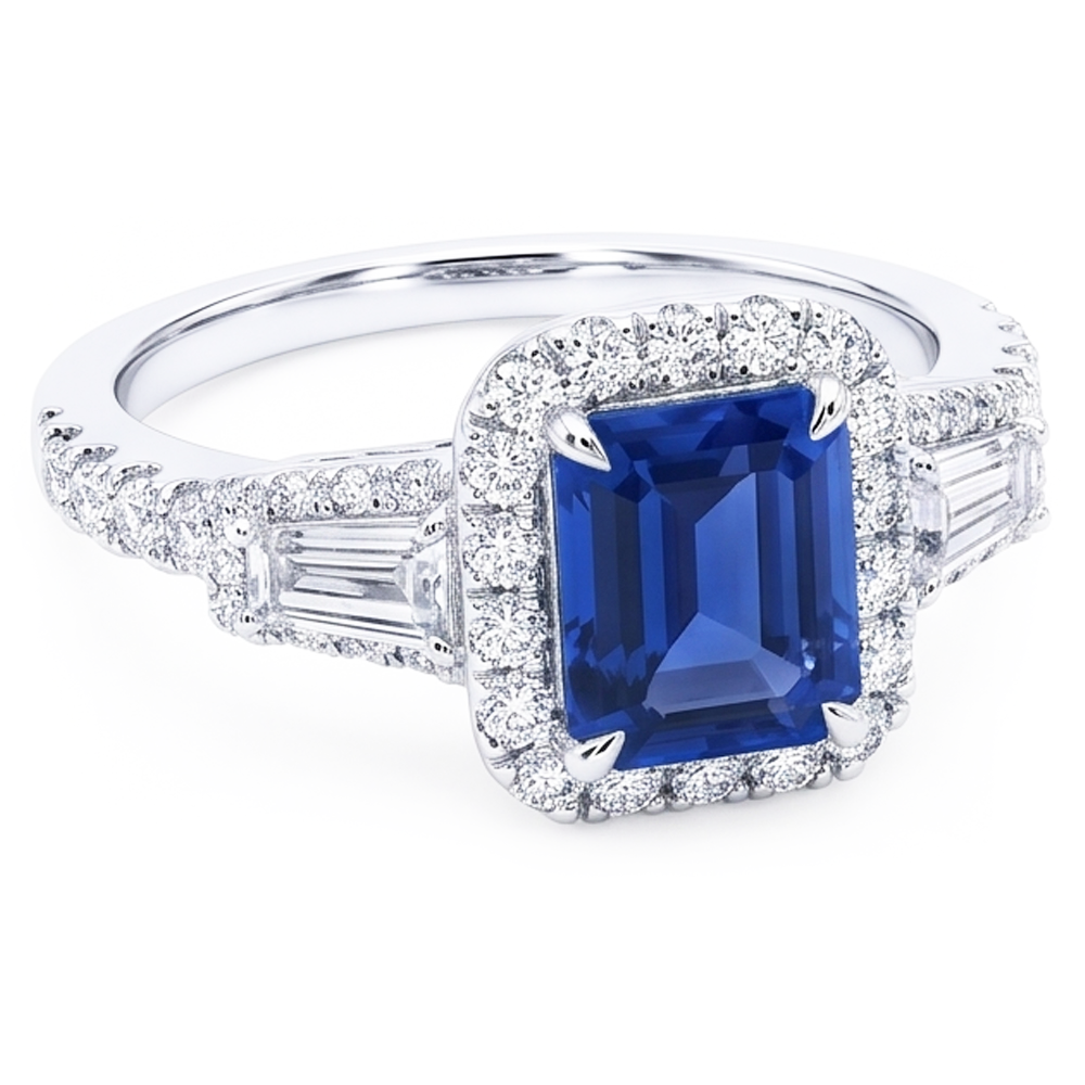 Halo Emerald Wedding Ring Blue Sapphire Baguette Natural Earth Mined Diamonds 3.50 Carats