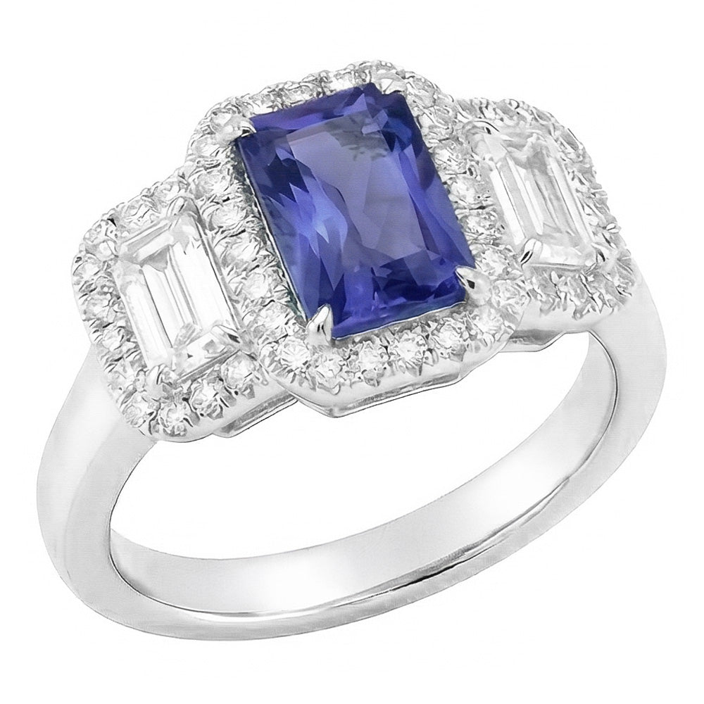 Halo Engagement Blue Sapphire Ring 4.50 Carats Emerald & Round Natural Earth Mined Diamond