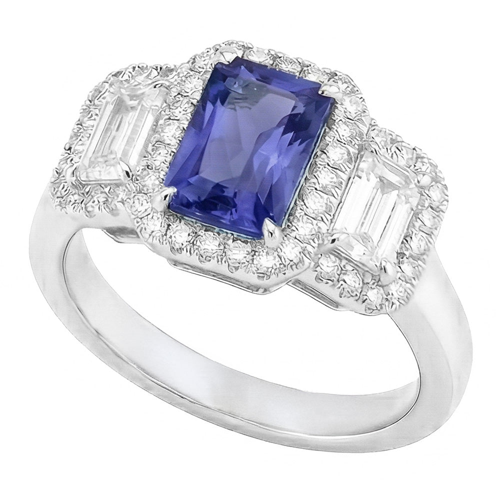 Halo Engagement Blue Sapphire Ring 4.50 Carats Emerald & Round Natural Earth Mined Diamond