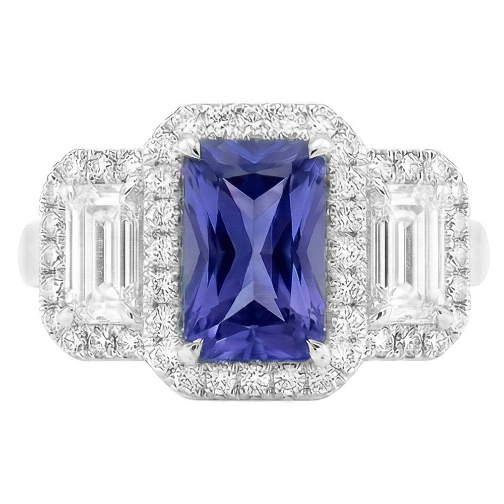 Halo Engagement Blue Sapphire Ring 4.50 Carats Emerald & Round Natural Earth Mined Diamond