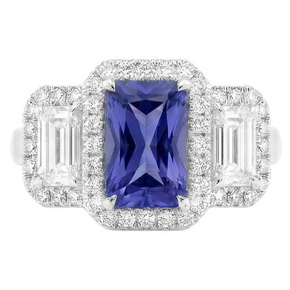 Halo Engagement Blue Sapphire Ring 4.50 Carats Emerald & Round Natural Earth Mined Diamond