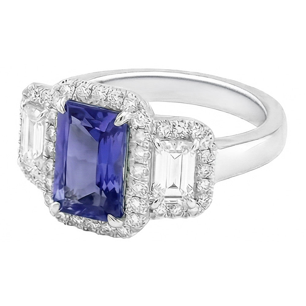 Halo Engagement Blue Sapphire Ring 4.50 Carats Emerald & Round Natural Earth Mined Diamond