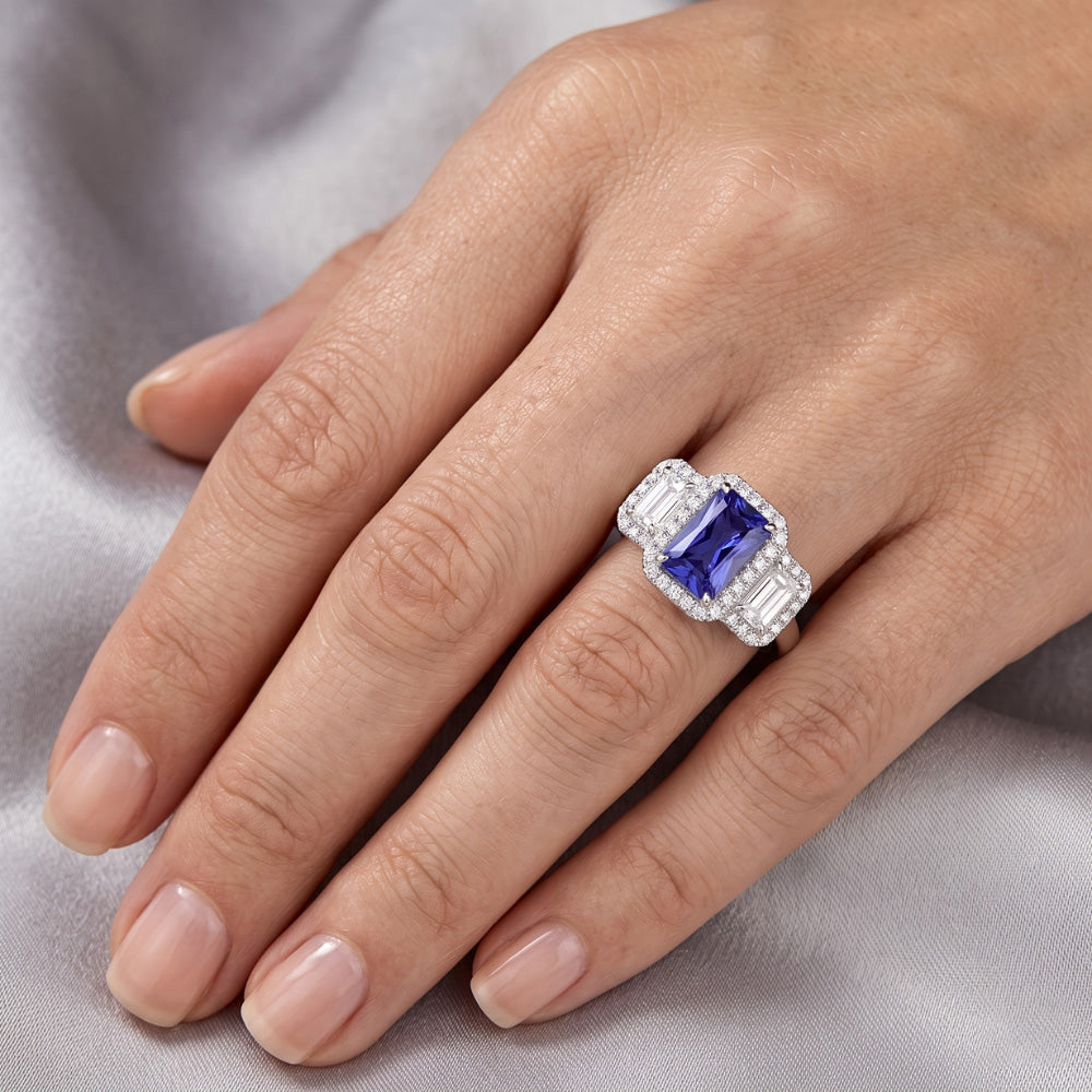Halo Engagement Blue Sapphire Ring 4.50 Carats Emerald & Round Natural Earth Mined Diamond