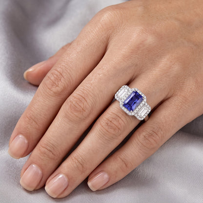 Halo Engagement Blue Sapphire Ring 4.50 Carats Emerald & Round Natural Earth Mined Diamond