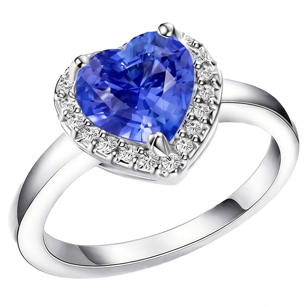 Halo Engagement Ring Heart Sri Lankan Sapphire 4 Carats Gold Natural Earth Mined Diamonds