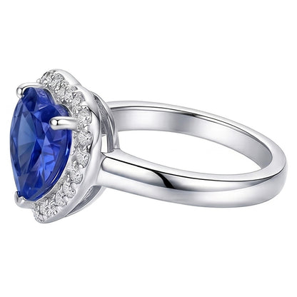 Halo Engagement Ring Heart Sri Lankan Sapphire 4 Carats Gold Natural Earth Mined Diamonds