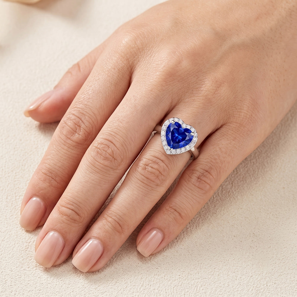 Halo Engagement Ring Heart Sri Lankan Sapphire 4 Carats Gold Natural Earth Mined Diamonds