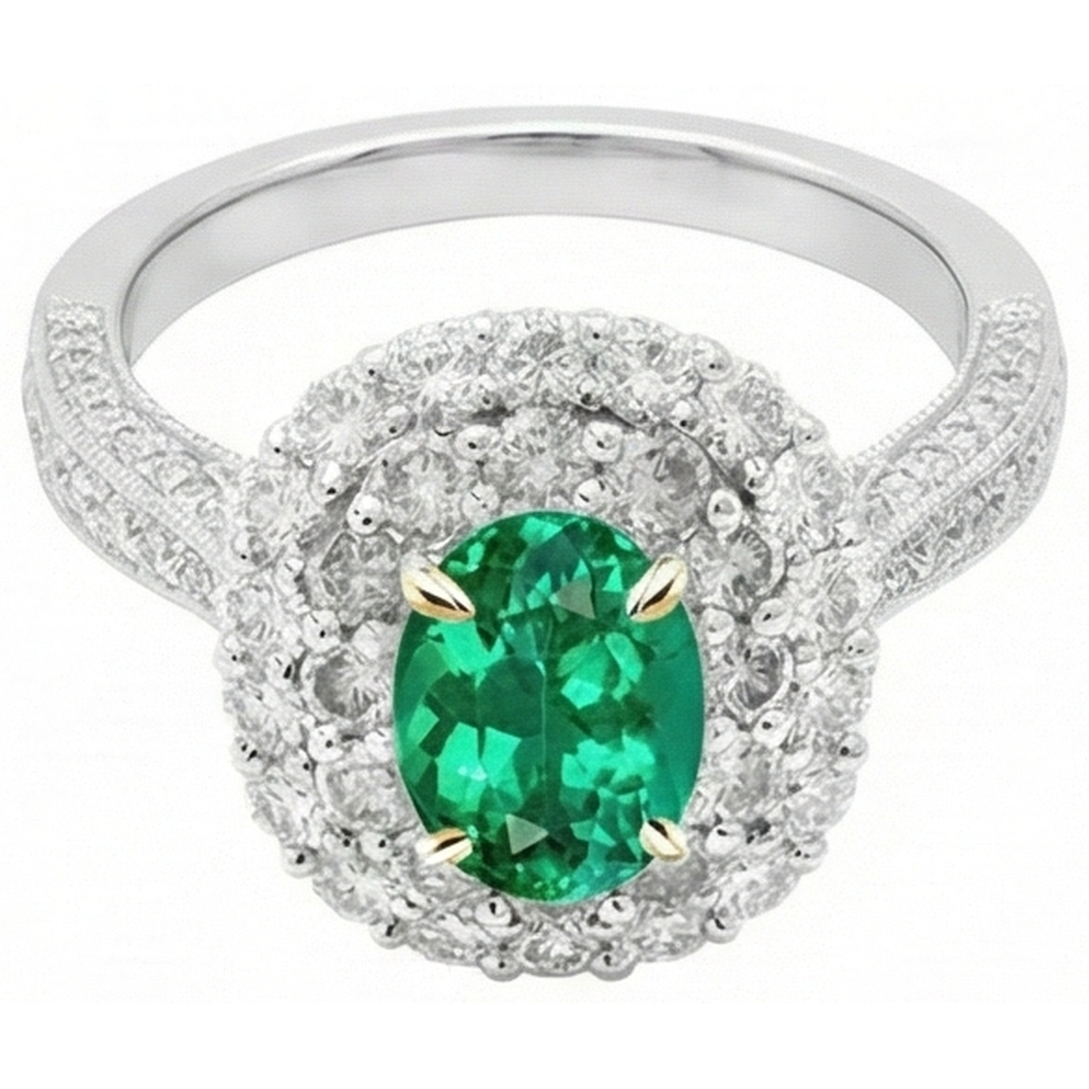 Natural Real ( Not Lab Grown ) Halo Engagement Ring Oval Green Emerald GIA Trendy