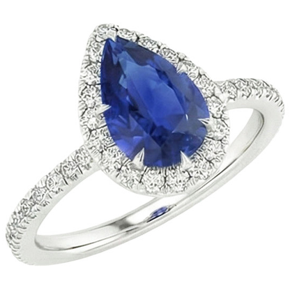 Halo Engagement Ring Pear Ceylon Sapphire & Natural Earth Mined Diamonds 3.50 Carats