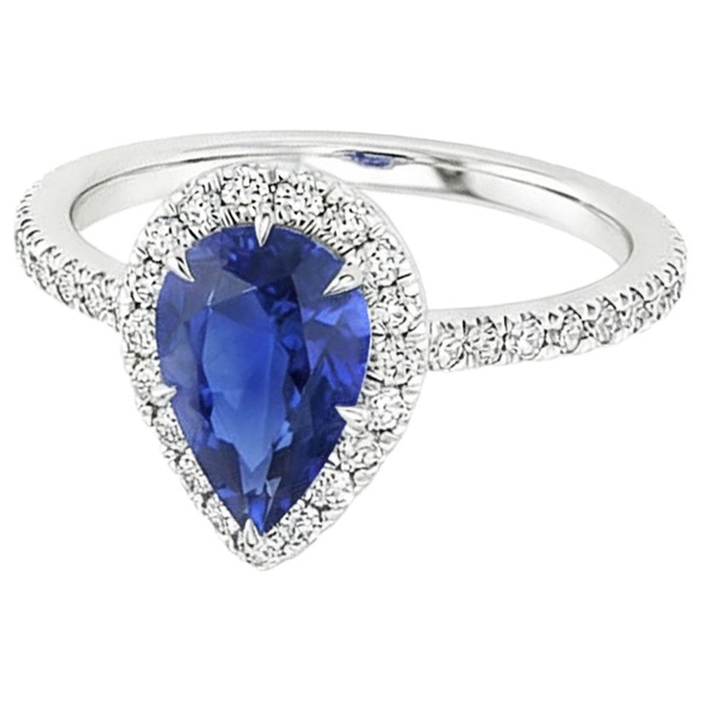Halo Engagement Ring Pear Ceylon Sapphire & Natural Earth Mined Diamonds 3.50 Carats