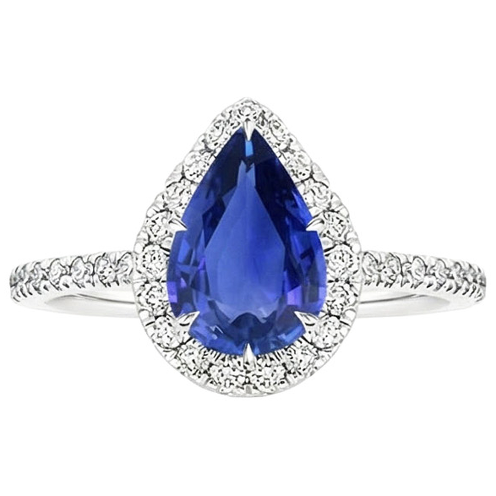 Halo Engagement Ring Pear Ceylon Sapphire & Natural Earth Mined Diamonds 3.50 Carats