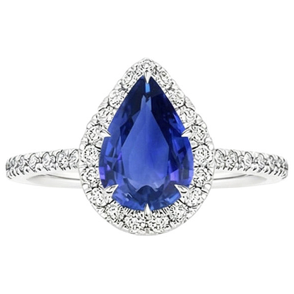 Halo Engagement Ring Pear Ceylon Sapphire & Natural Earth Mined Diamonds 3.50 Carats