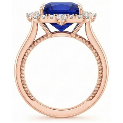 Natural Real ( Not Lab Grown )  Halo Engagement Ring Vintage Style Blue Sapphire 6.25 Carats Rose Gold