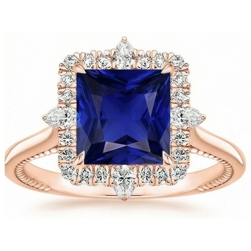 Natural Real ( Not Lab Grown )  Halo Engagement Ring Vintage Style Blue Sapphire 6.25 Carats Rose Gold