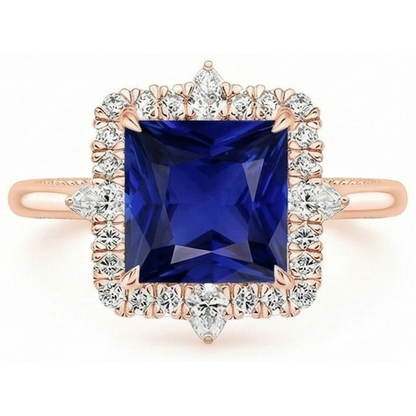 Natural Real ( Not Lab Grown )  Halo Engagement Ring Vintage Style Blue Sapphire 6.25 Carats Rose Gold