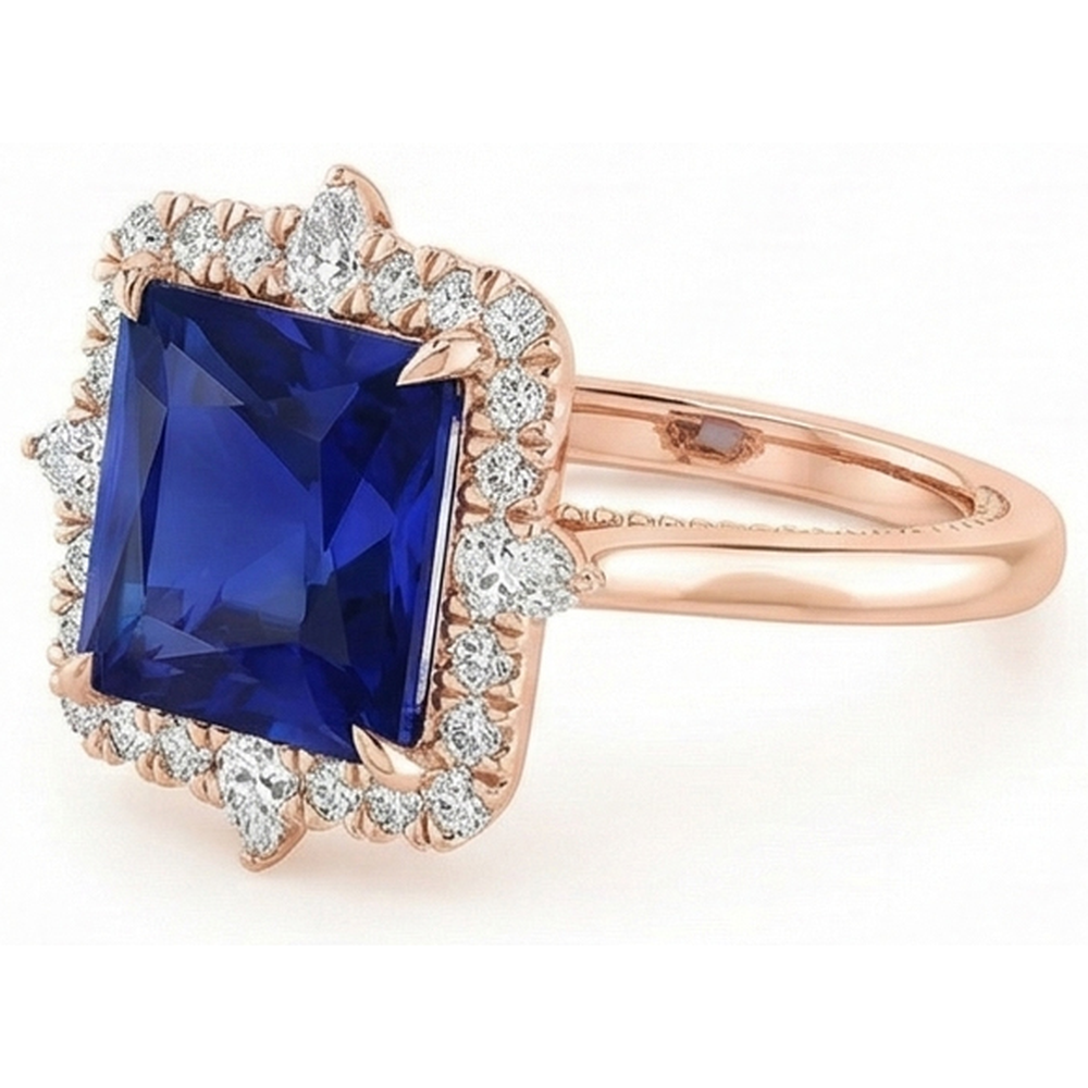 Natural Real ( Not Lab Grown )  Halo Engagement Ring Vintage Style Blue Sapphire 6.25 Carats Rose Gold