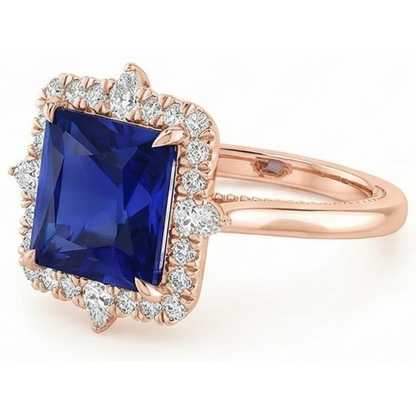 Natural Real ( Not Lab Grown )  Halo Engagement Ring Vintage Style Blue Sapphire 6.25 Carats Rose Gold