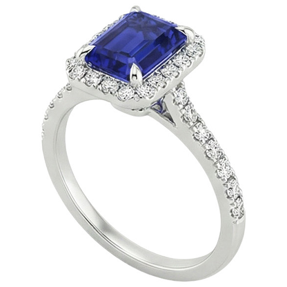 Halo Fancy Natural Earth Mined Diamond Ring Emerald Cut Sri Lankan Sapphire 4.25 Carats
