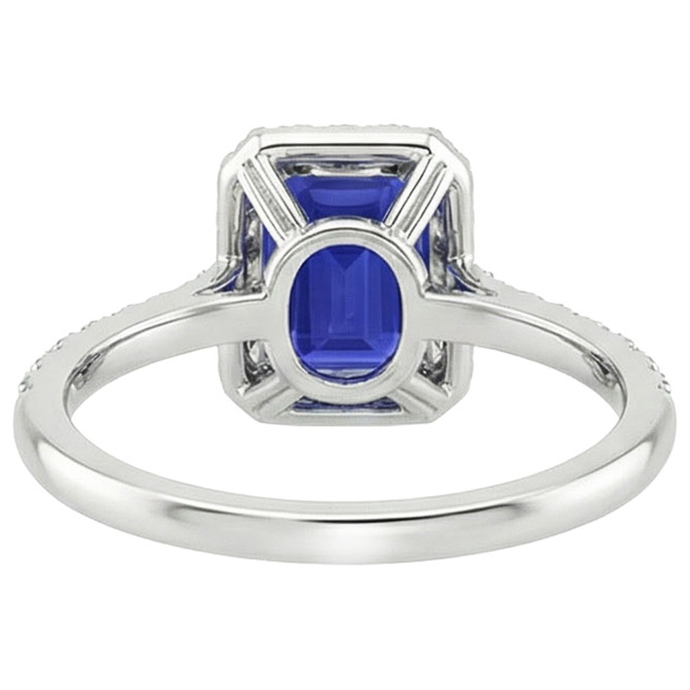 Halo Fancy Natural Earth Mined Diamond Ring Emerald Cut Sri Lankan Sapphire 4.25 Carats