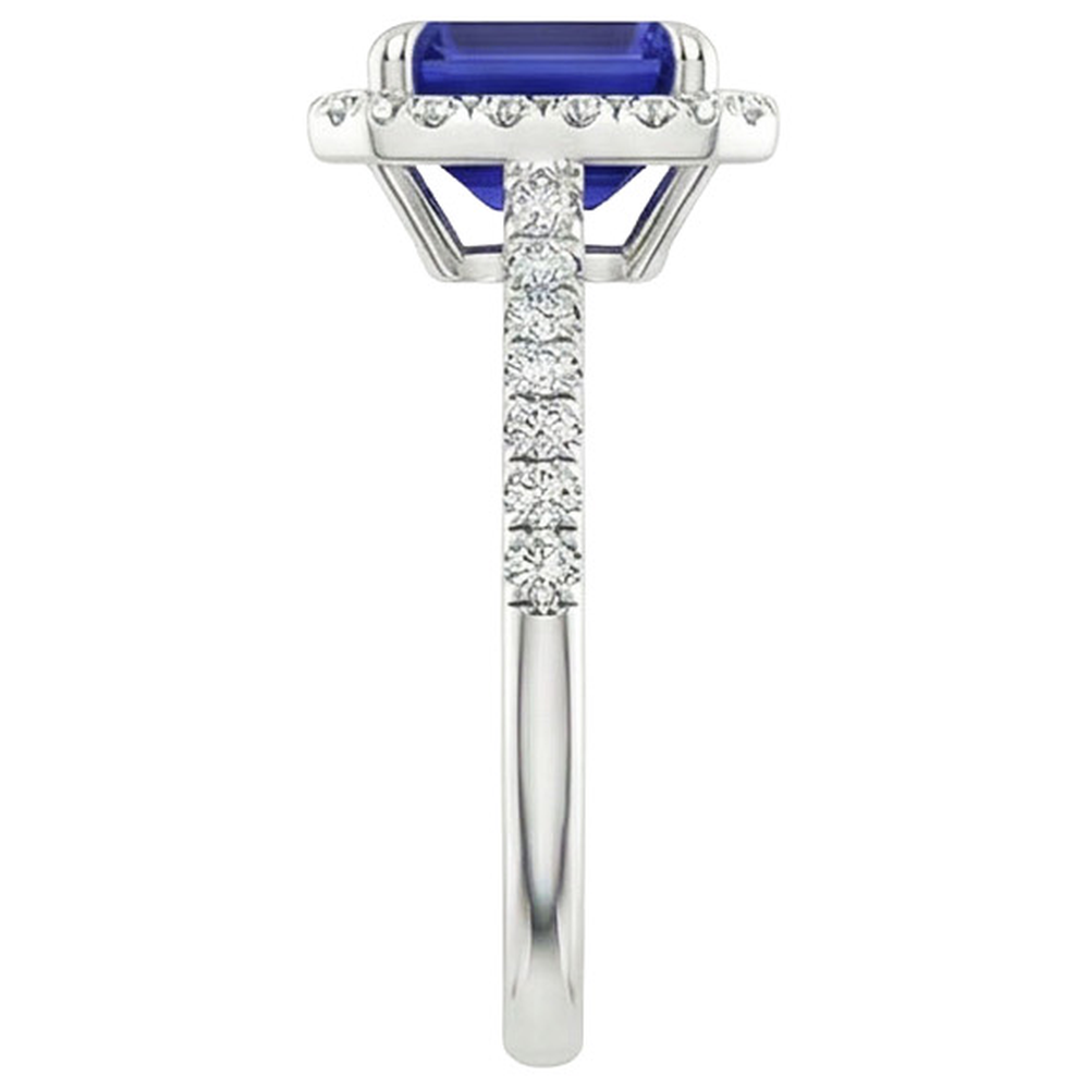 Halo Fancy Natural Earth Mined Diamond Ring Emerald Cut Sri Lankan Sapphire 4.25 Carats