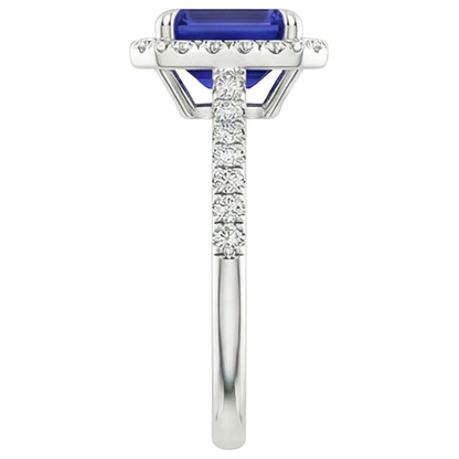 Halo Fancy Natural Earth Mined Diamond Ring Emerald Cut Sri Lankan Sapphire 4.25 Carats