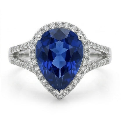 Halo Gemstone Ring Blue Sapphire & Natural Earth Mined Diamonds 3.50 Carats Ladies Jewelry