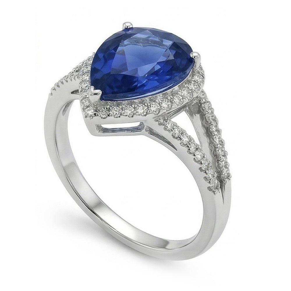 Halo Gemstone Ring Blue Sapphire & Natural Earth Mined Diamonds 3.50 Carats Ladies Jewelry
