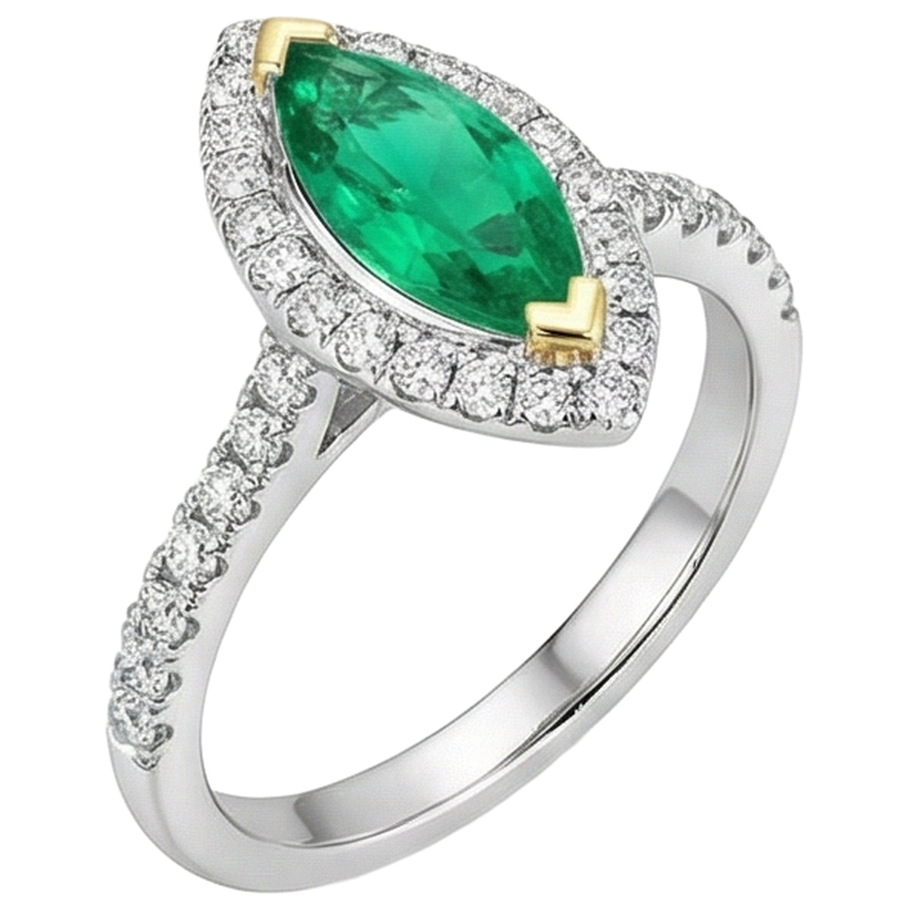 Natural Real ( Not Lab Grown ) Halo Gemstone Ring Marquise Green Emerald GIA Jewelry