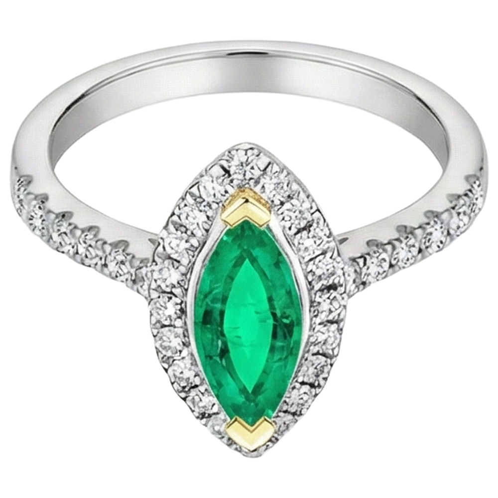 Natural Real ( Not Lab Grown ) Halo Gemstone Ring Marquise Green Emerald GIA Jewelry