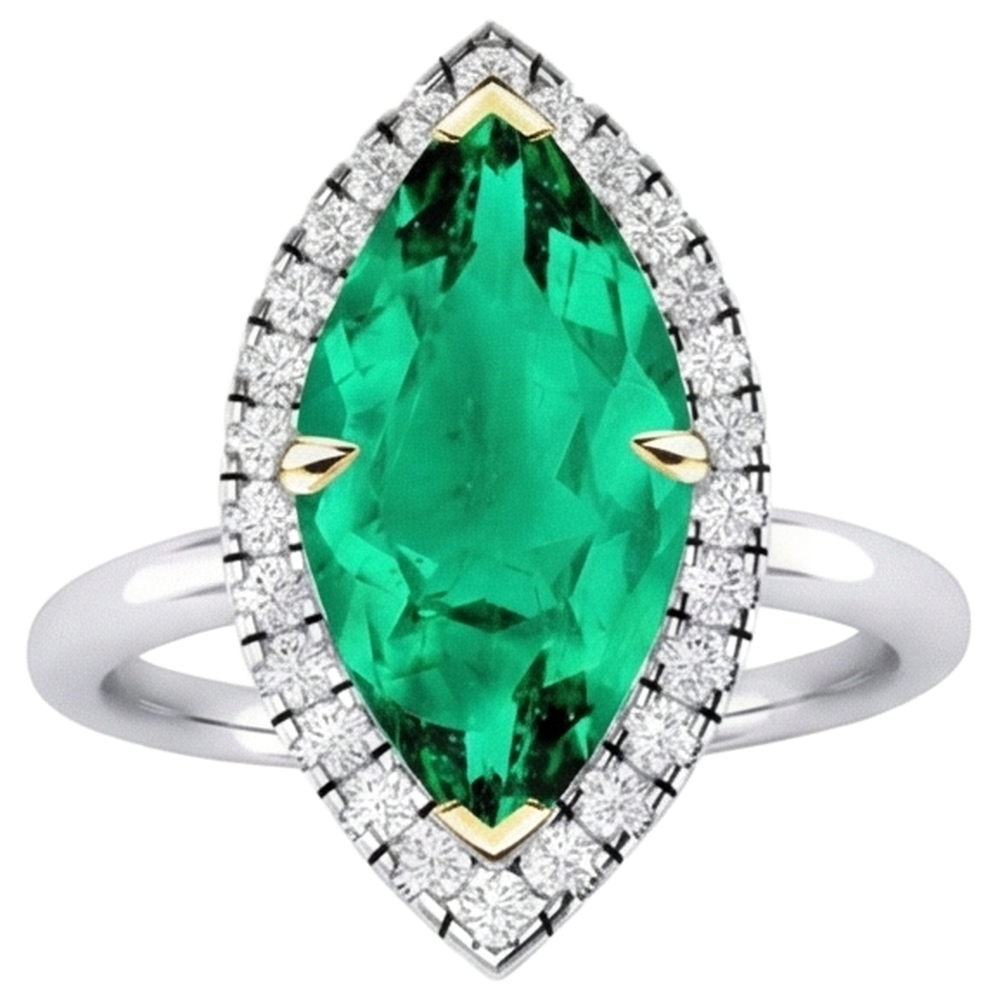 Natural Real ( Not Lab Grown ) Halo Gemstone Ring Marquise Shape Green Emerald GIA Ring
