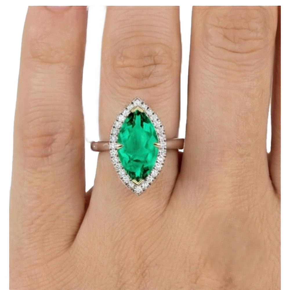 Natural Real ( Not Lab Grown ) Halo Gemstone Ring Marquise Shape Green Emerald GIA Ring