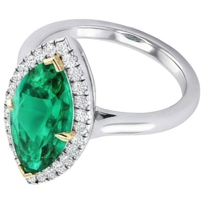 Natural Real ( Not Lab Grown ) Halo Gemstone Ring Marquise Shape Green Emerald GIA Ring
