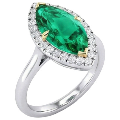 Natural Real ( Not Lab Grown ) Halo Gemstone Ring Marquise Shape Green Emerald GIA Ring