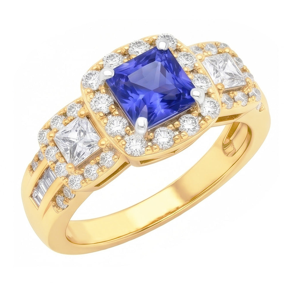 Halo Gemstone Ring Radiant Sapphire 5 Carats 14K Gold Natural Earth Mined Diamonds
