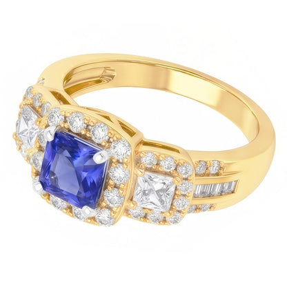 Halo Gemstone Ring Radiant Sapphire 5 Carats 14K Gold Natural Earth Mined Diamonds