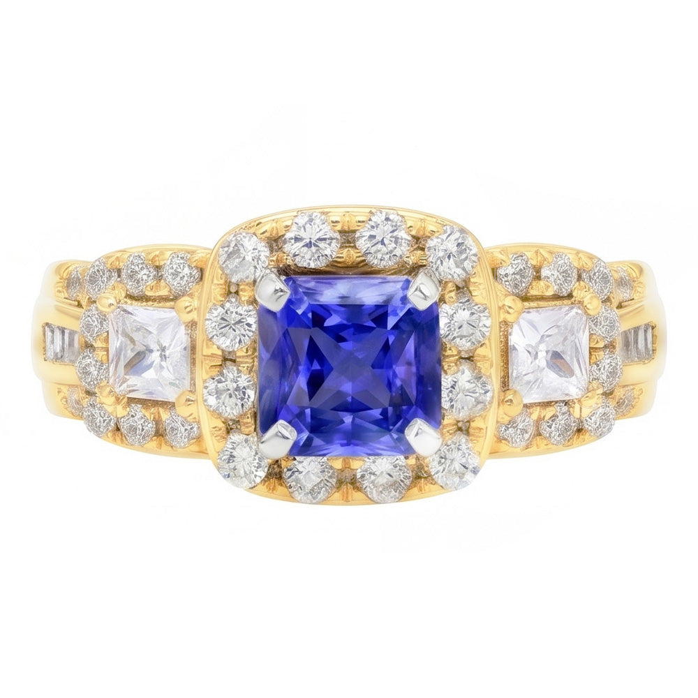 Halo Gemstone Ring Radiant Sapphire 5 Carats 14K Gold Natural Earth Mined Diamonds