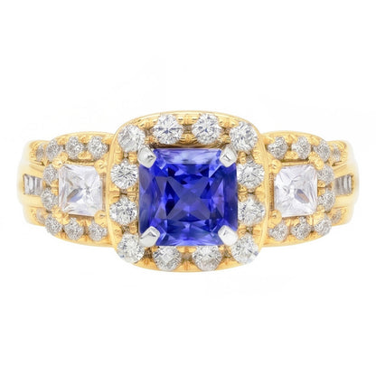Halo Gemstone Ring Radiant Sapphire 5 Carats 14K Gold Natural Earth Mined Diamonds
