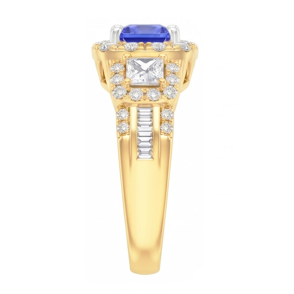 Halo Gemstone Ring Radiant Sapphire 5 Carats 14K Gold Natural Earth Mined Diamonds