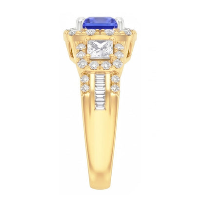 Halo Gemstone Ring Radiant Sapphire 5 Carats 14K Gold Natural Earth Mined Diamonds