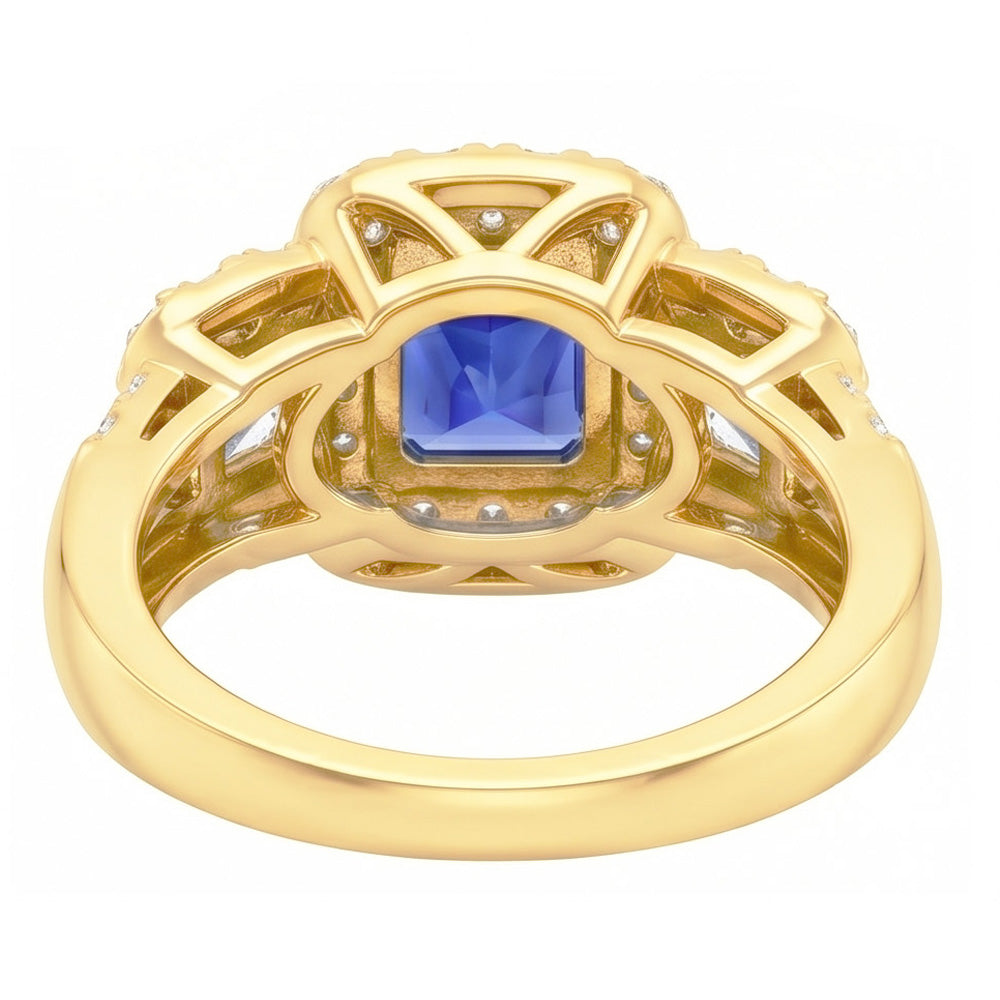 Halo Gemstone Ring Radiant Sapphire 5 Carats 14K Gold Natural Earth Mined Diamonds