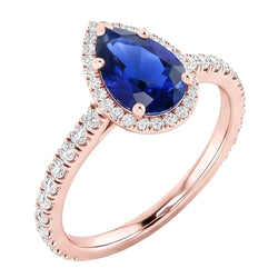 Halo Gold Anniversary Ring Pear Blue Sapphire & Natural Earth Mined Diamonds 5 Carats