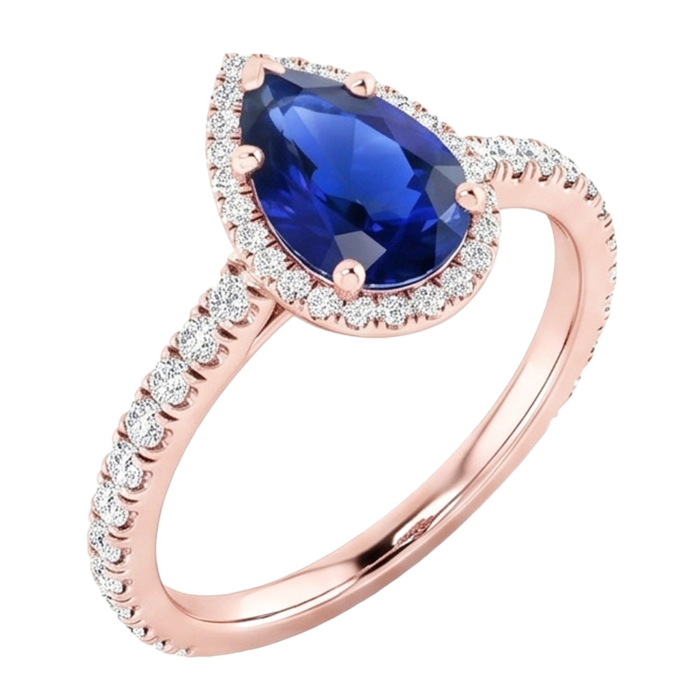 Halo Gold Anniversary Ring Pear Blue Sapphire & Natural Earth Mined Diamonds 5 Carats