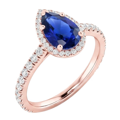 Halo Gold Anniversary Ring Pear Blue Sapphire & Natural Earth Mined Diamonds 5 Carats