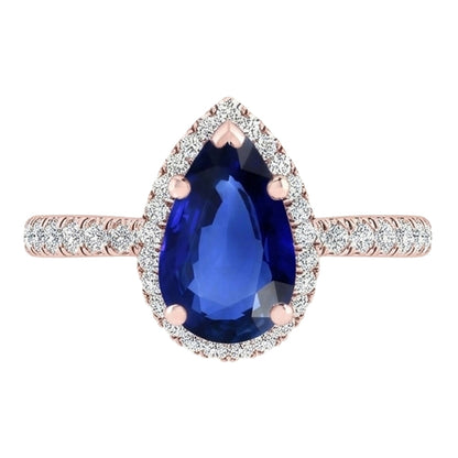 Halo Gold Anniversary Ring Pear Blue Sapphire & Natural Earth Mined Diamonds 5 Carats