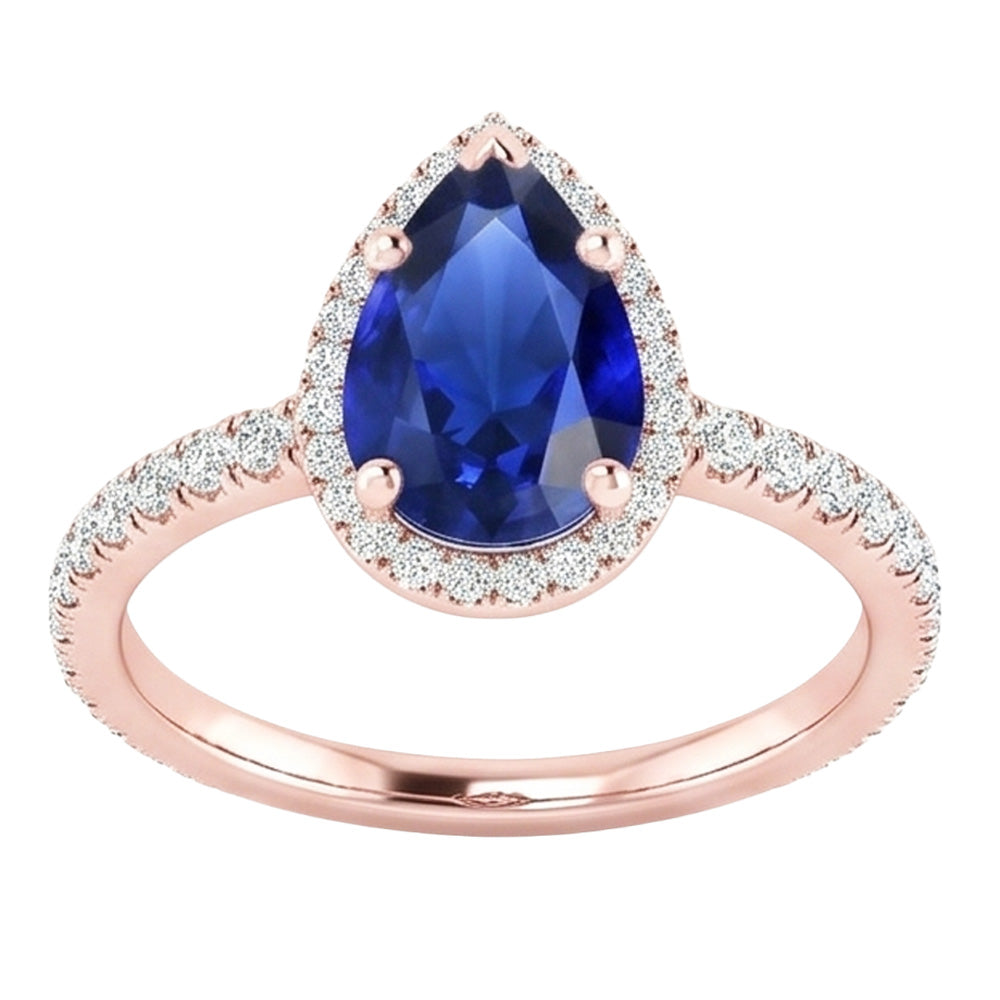 Halo Gold Anniversary Ring Pear Blue Sapphire & Natural Earth Mined Diamonds 5 Carats